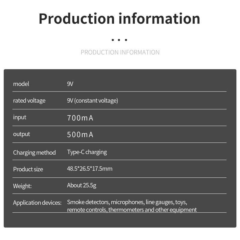 1100mAh DC 9V Rechargeable Lithium Ion batteries  Prismatic Type C 1200 Cycles Life