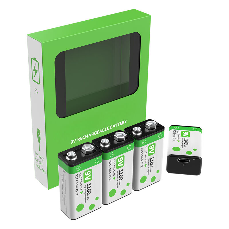 4-Pack 9V Rechargeable Batteries Lithium with 1100mAh High Capacity and Type-C Charging for 800 Cycles