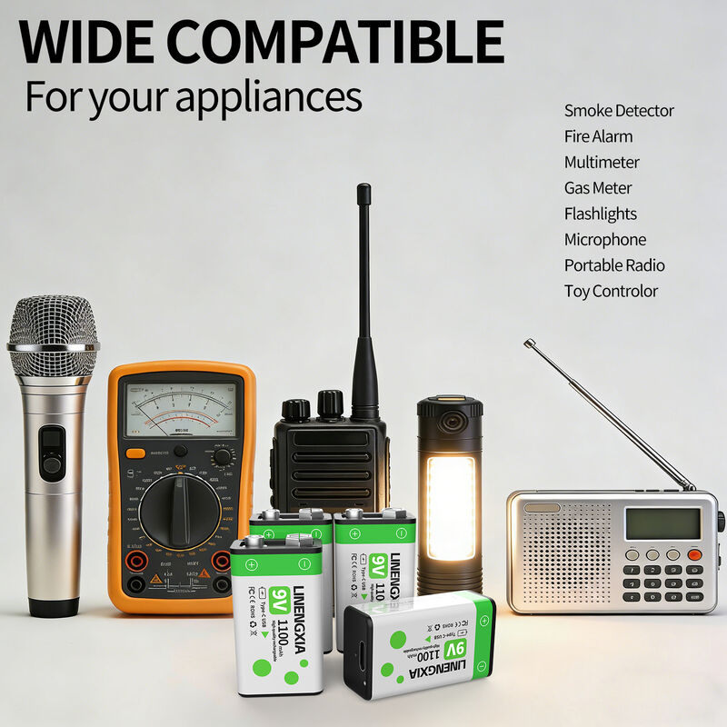 6-Pack 9V Rechargeable Batteries Lithium with 1100mAh High Capacity, 1200 Cycles, and Type-C Charging