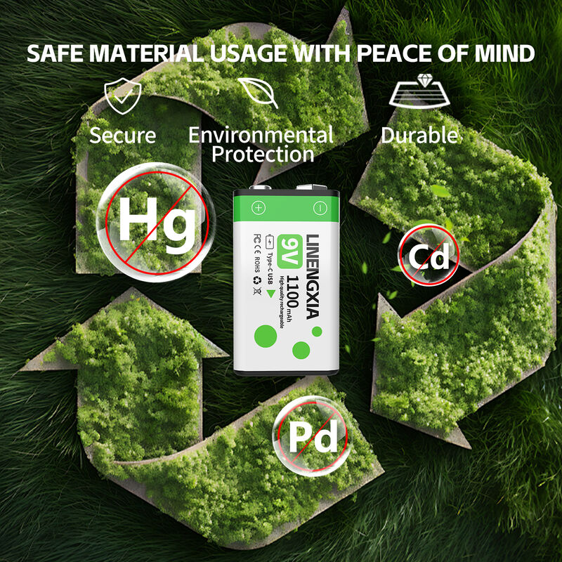 6-Pack 9V Rechargeable Batteries Lithium with 1100mAh High Capacity, 1200 Cycles, and Type-C Charging