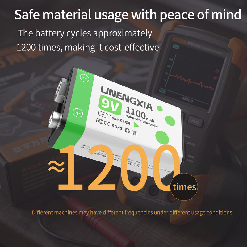 6-Pack 9V Rechargeable Batteries Lithium with 1100mAh High Capacity, 1200 Cycles, and Type-C Charging