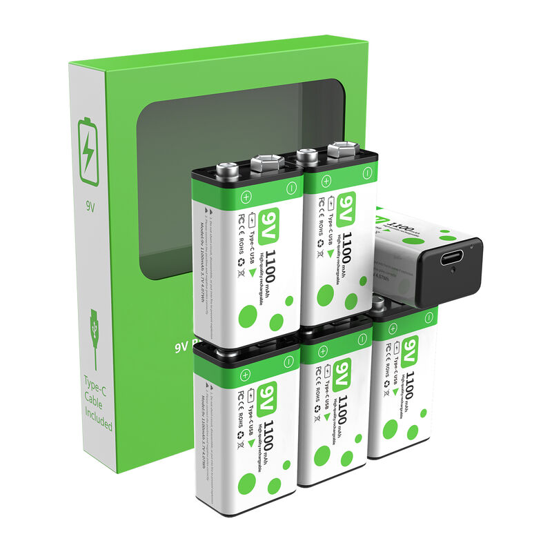 6-Pack 9V Rechargeable Batteries Lithium with 1100mAh High Capacity, 1200 Cycles, and Type-C Charging