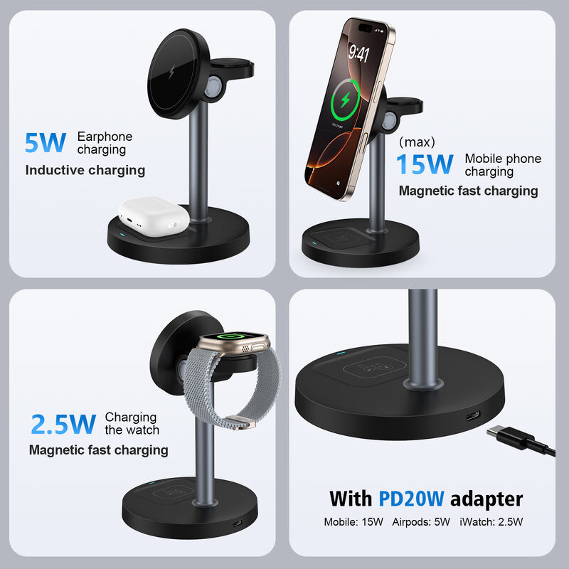 Portable Charging Station with 15W Wireless Charging 360° Adjustable Magnetic Hub and Intelligent Protection for Apple Devices