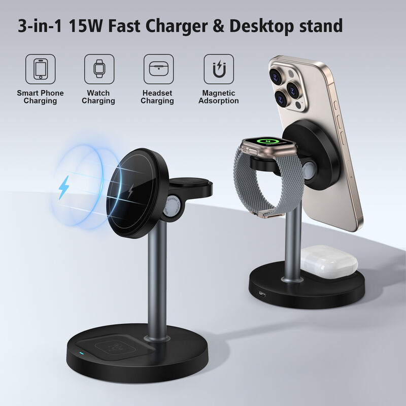 Portable Charging Station with 15W Wireless Charging 360° Adjustable Magnetic Hub and Intelligent Protection for Apple Devices