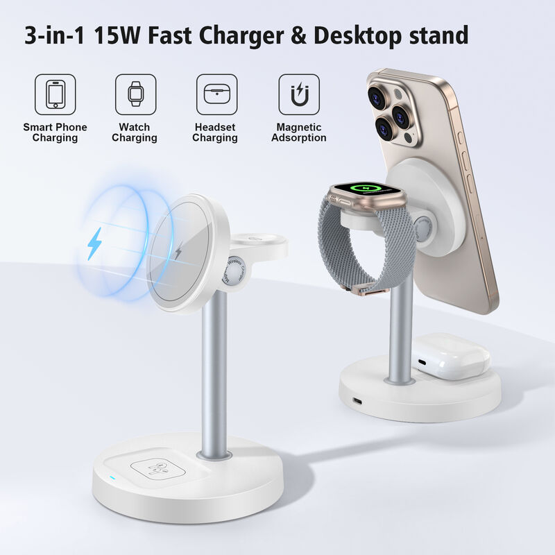 Portable Charging Station with 15W Wireless Charging 360° Adjustable Magnetic Hub and Intelligent Protection for Apple Devices
