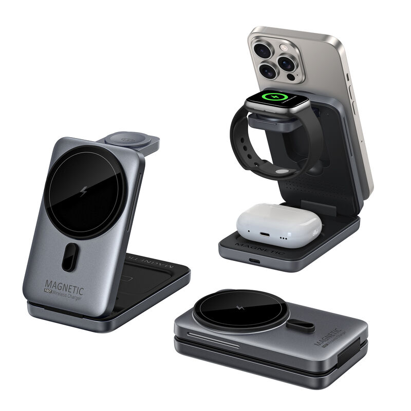 Ultra Slim 3-in-1 Magnetic Wireless Charger with 360° Adjustable Stand for iPhone, Apple Watch, and AirPods