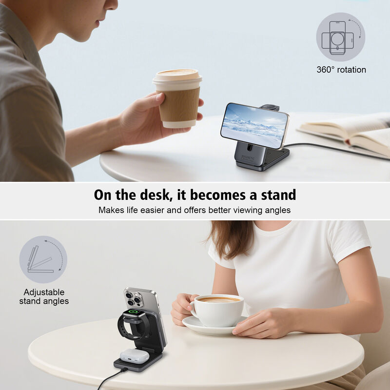 Ultra Slim 3-in-1 Magnetic Wireless Charger with 360° Adjustable Stand for iPhone, Apple Watch, and AirPods