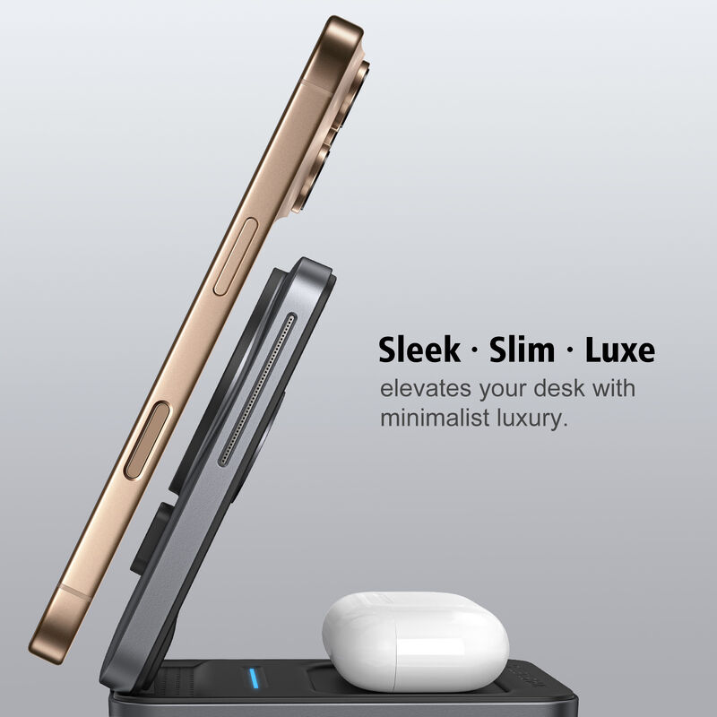 Ultra Slim 3-in-1 Magnetic Wireless Charger with 360° Adjustable Stand for iPhone, Apple Watch, and AirPods